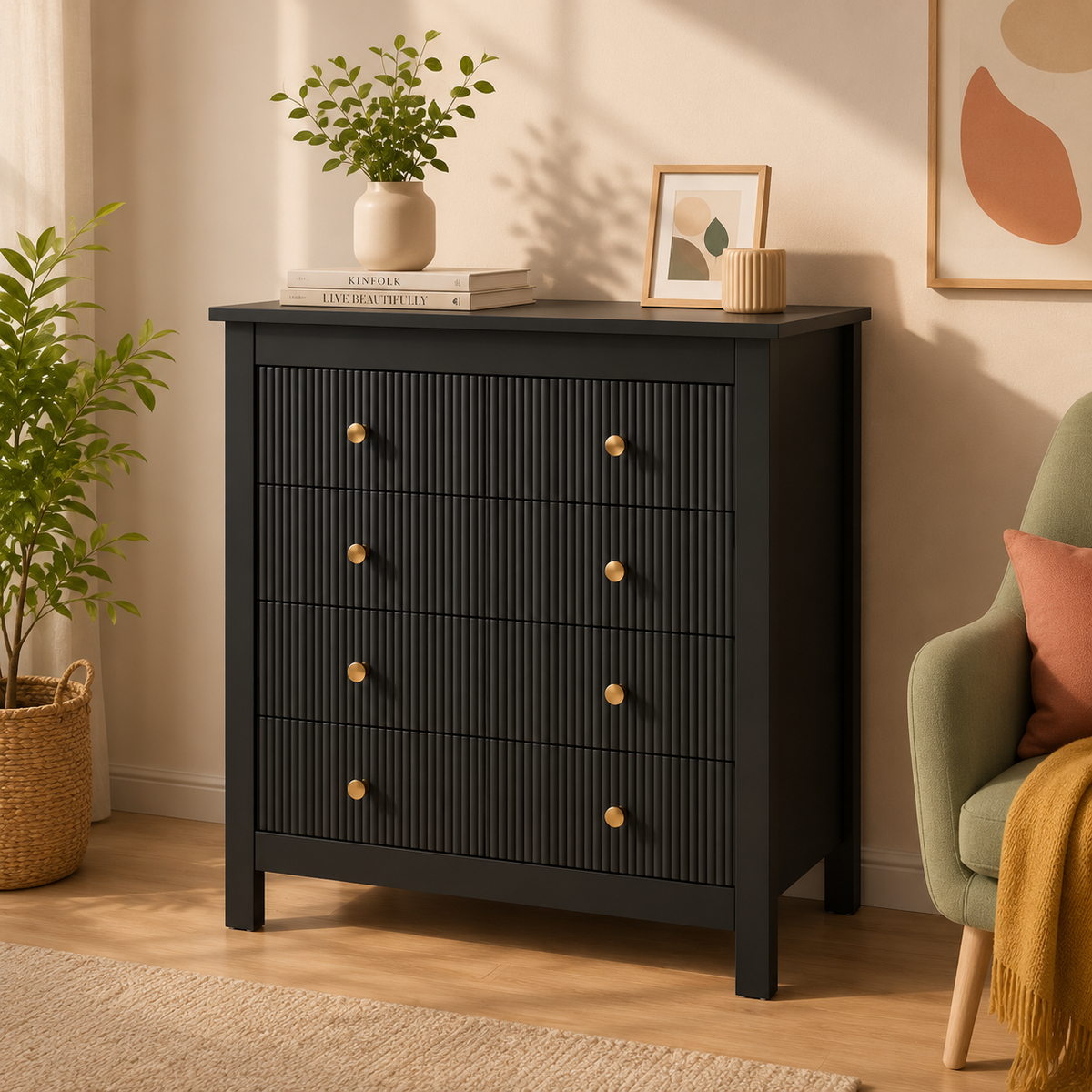 HM Black Fluted 5 Drawer Chest with Gold Handles