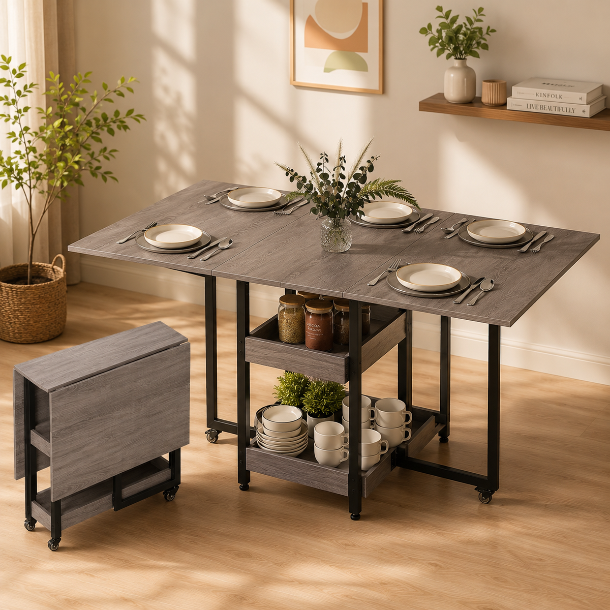Grey Foldable Dining Table with Shelves