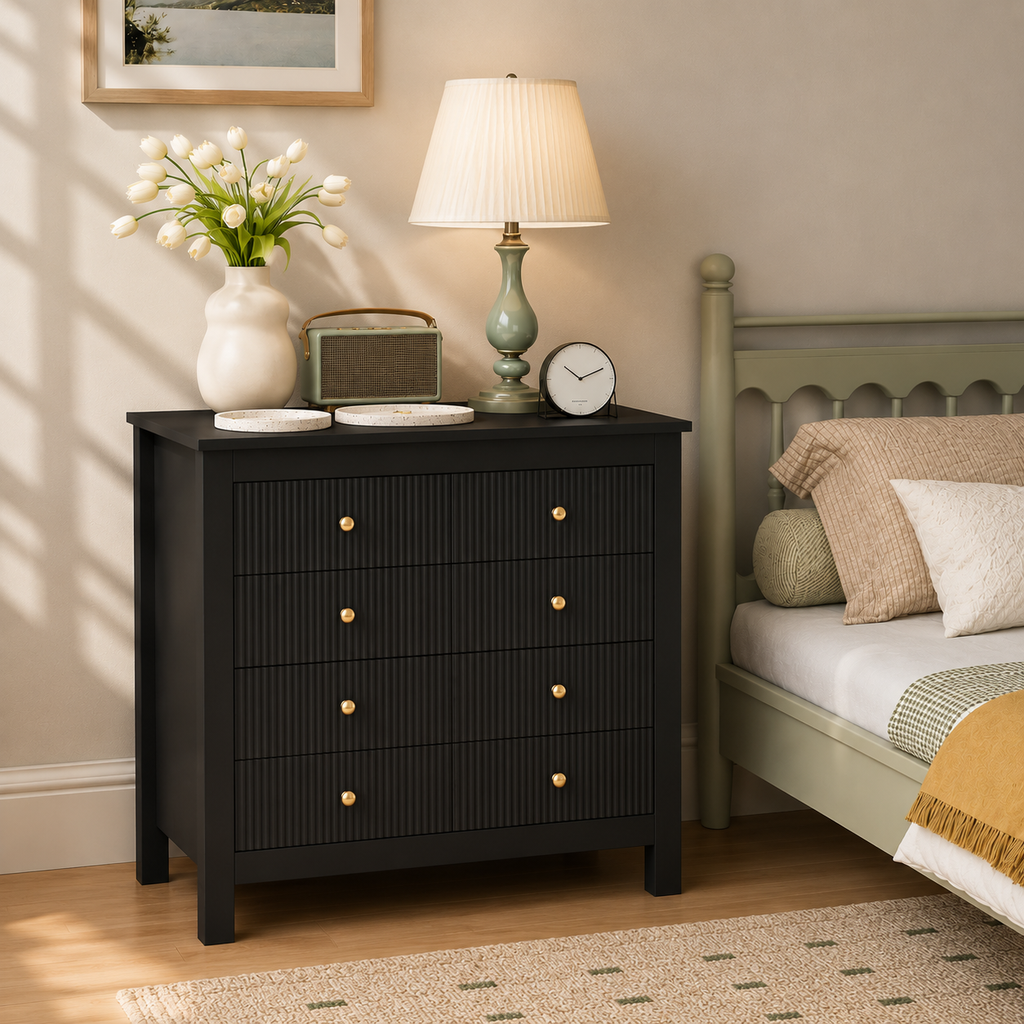 HM Black Fluted 5 Drawer Chest with Gold Handles