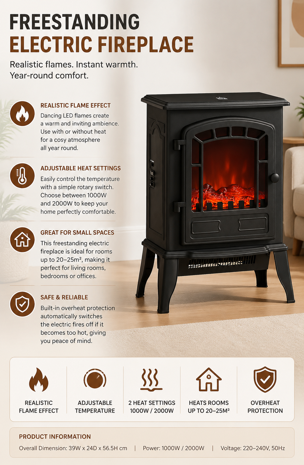 HM Freestanding Electric Fireplace Heater – Black