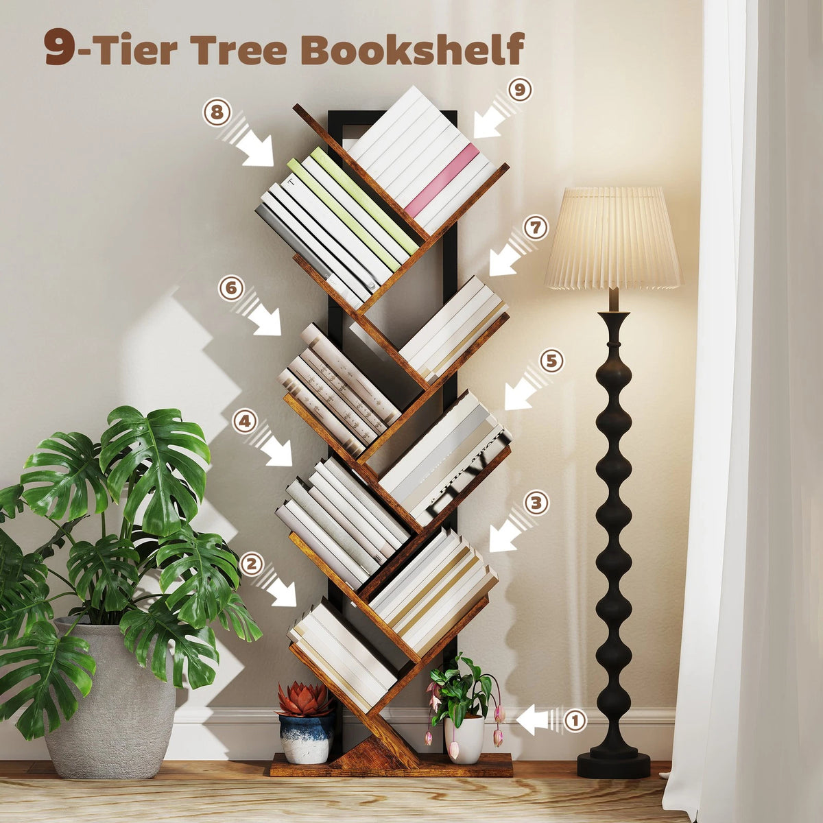 Modern 9 Tier Bookshelf with Steel Frame