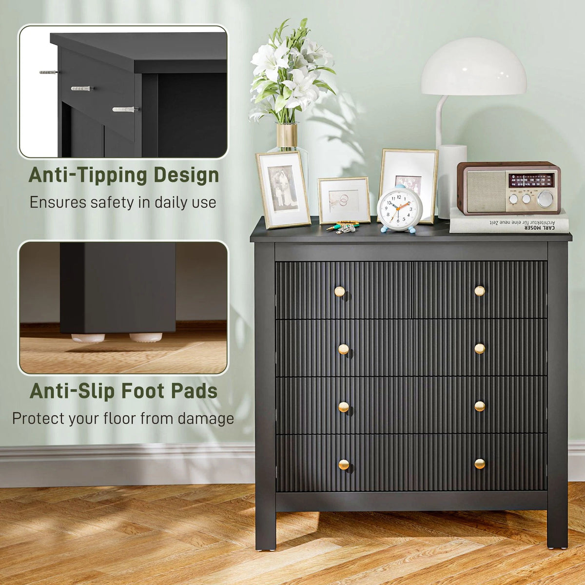 HM Black Fluted 5 Drawer Chest with Gold Handles