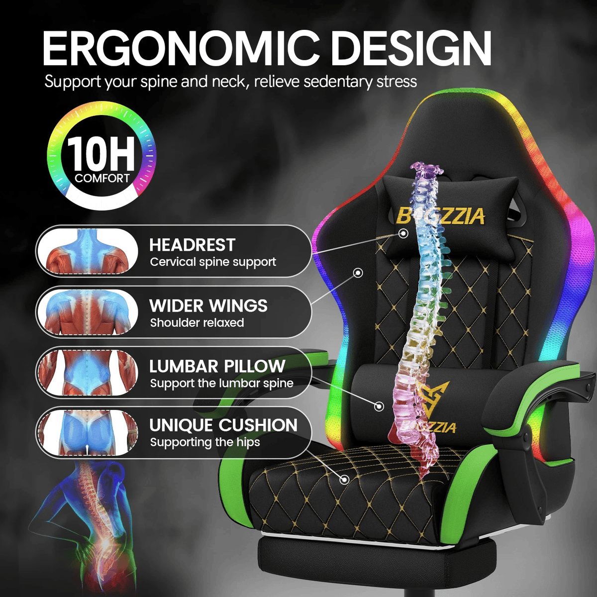 BGZ RGB LED Gaming Chair with Footrest