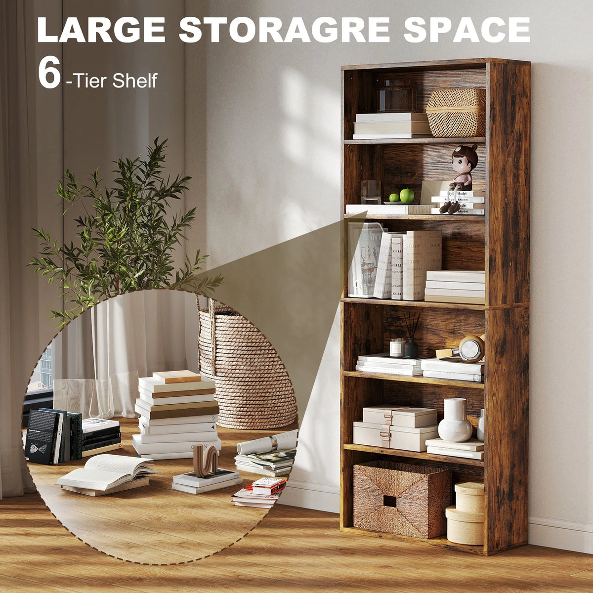 HM Freestanding 6 Shelf Bookcase – Brown