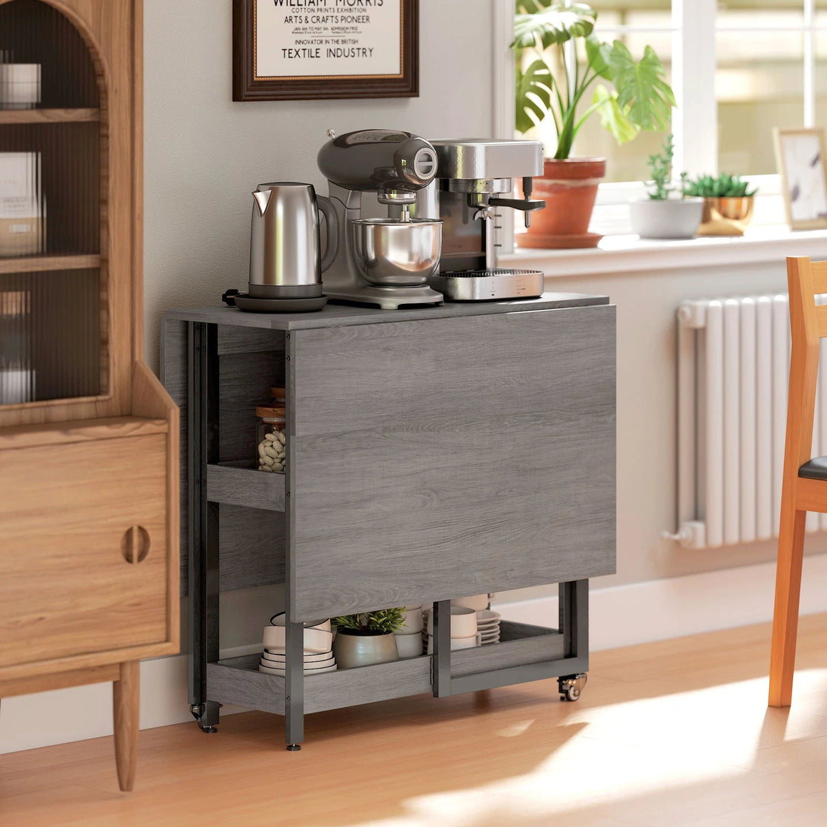 Grey Foldable Dining Table with Shelves