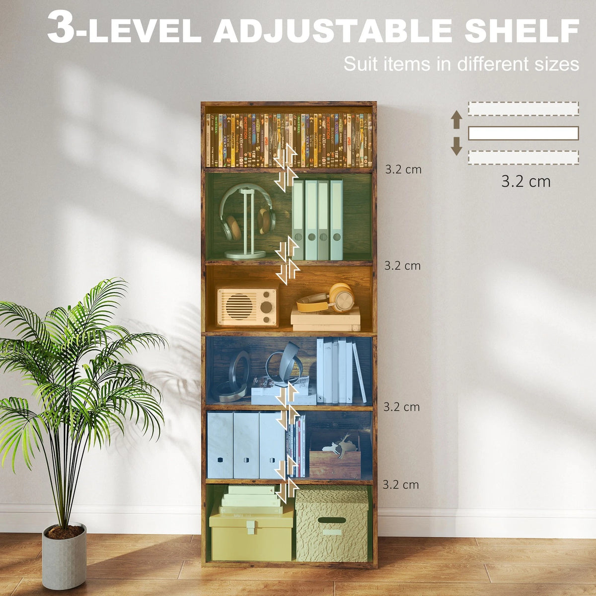 HM Freestanding 6 Shelf Bookcase – Brown