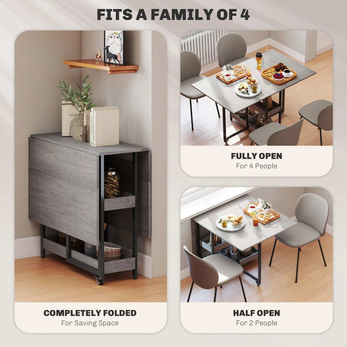 Grey Foldable Dining Table with Shelves
