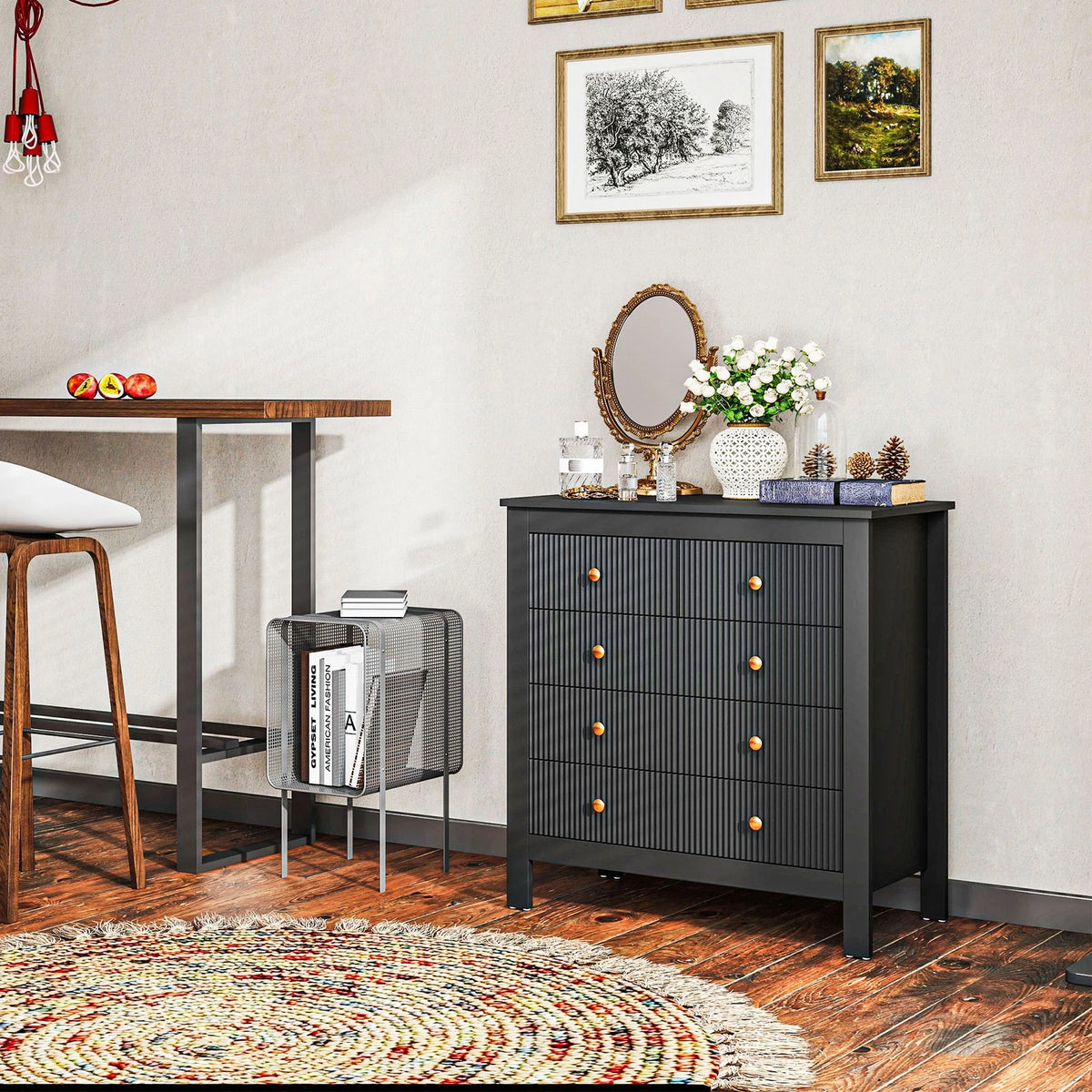 HM Black Fluted 5 Drawer Chest with Gold Handles