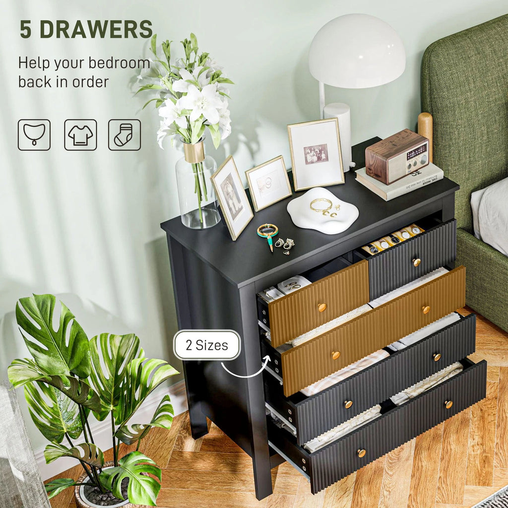 HM Black Fluted 5 Drawer Chest with Gold Handles
