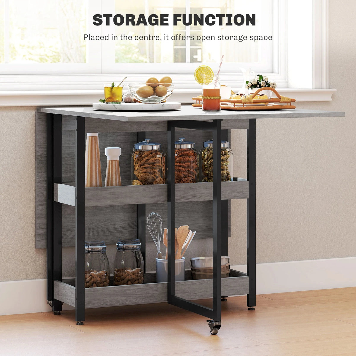 Grey Foldable Dining Table with Shelves