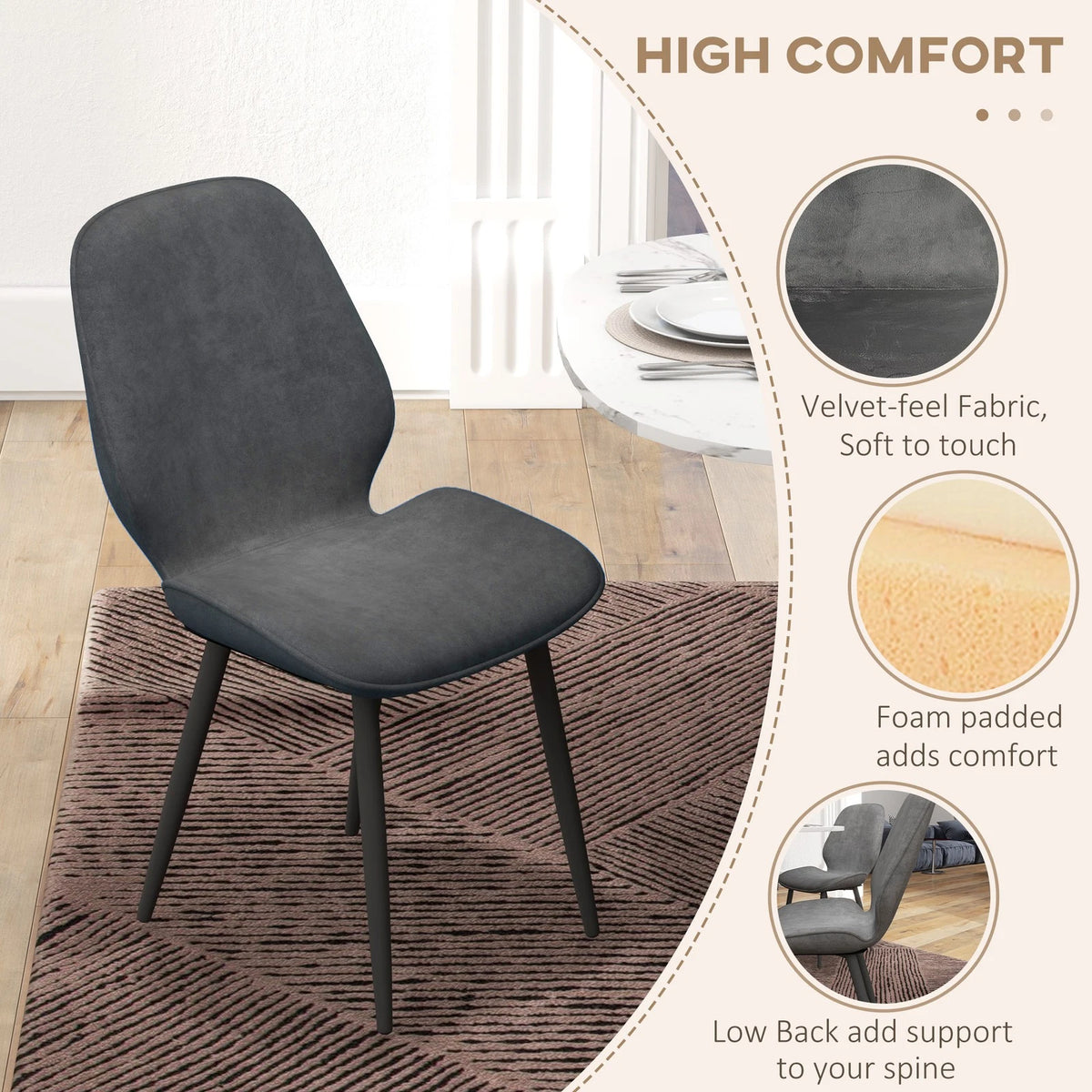 Grey Dining Chairs Set of 2 with Metal Legs