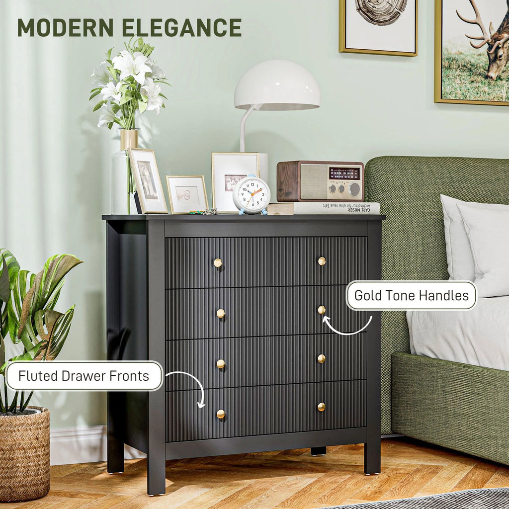 HM Black Fluted 5 Drawer Chest with Gold Handles