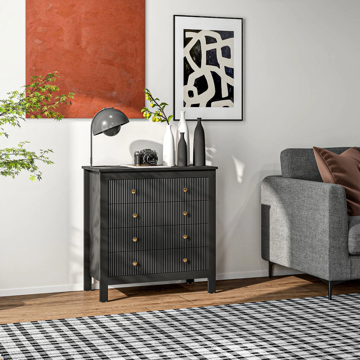 HM Black Fluted 5 Drawer Chest with Gold Handles
