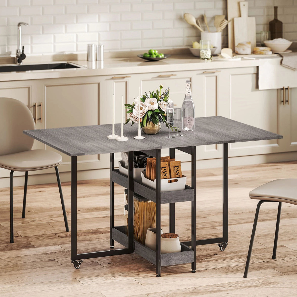 Grey Foldable Dining Table with Shelves