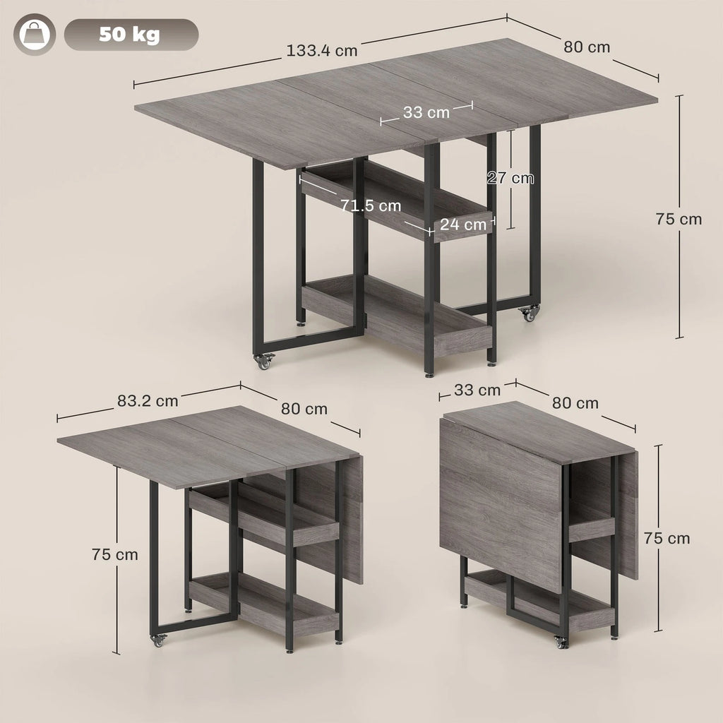 Grey Foldable Dining Table with Shelves