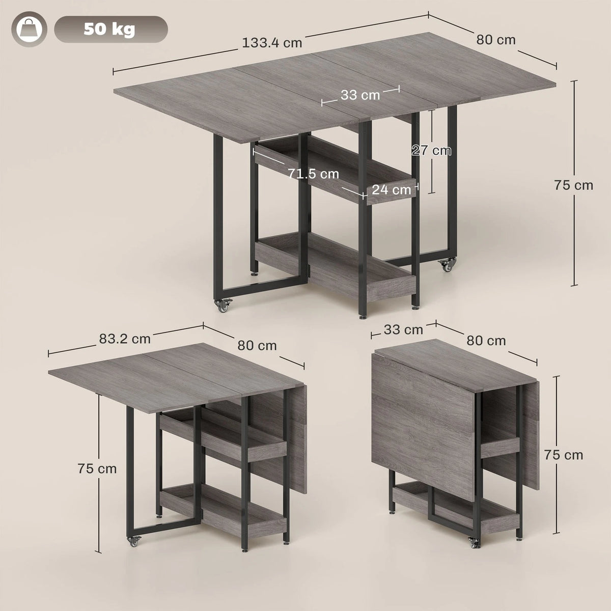 Grey Foldable Dining Table with Shelves